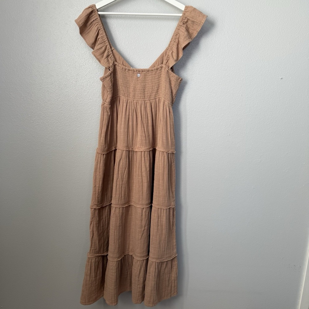 Roxy Juniors Women's Palmy Days Midi Sun Dress Long Tiered Praline Solid Brown L - Picture 5 of 10